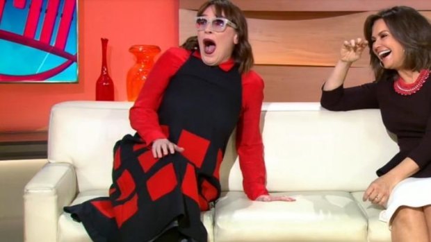 Shock of the nude ... Lisa Wilkinson and <i>Today Show</i> guest Nikki Gemmell react to seeing Karl Stefanovic streak through the studio.