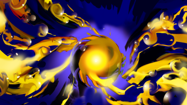 An artist’s rendering of the Cambridge nano-engine. Polymer-coated gold nanoparticles expand when cooled and contract when heated.
