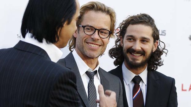 Guy Pearce and Shia LaBeouf with Nick Cave at the premiere of <i>Lawless</i> in Los Angeles.