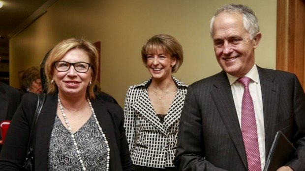 Rosie Batty and Prime Minister Malcolm Turnbull with Minister for Women Michaelia Cash at the announcement of the government's package to tackle domestic violence.