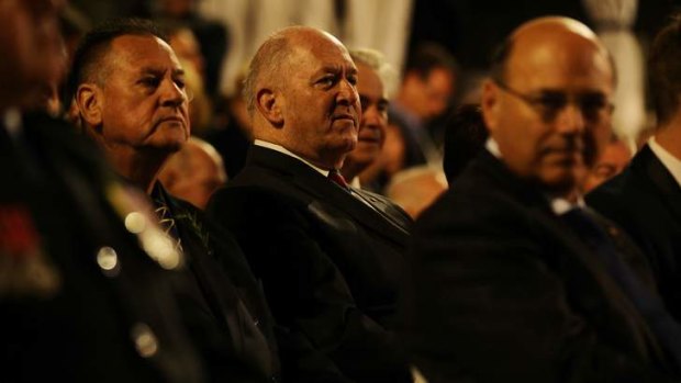 'The 100 years is a very evocative anniversary': Peter Cosgrove, centre, at this year's Anzac Day dawn service at Martin Place.