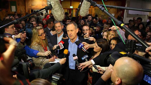 Greens leader Bob Brown speaks to reporters on election night, but his reservations about some elements of the media are deepening.