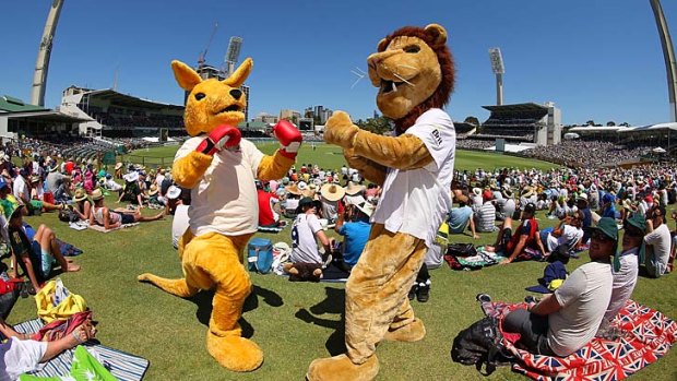 Men dressed up as mascots for the Australian and English teams entertain the crowd at the WACA. This may be the last time the ground hosts a Test.