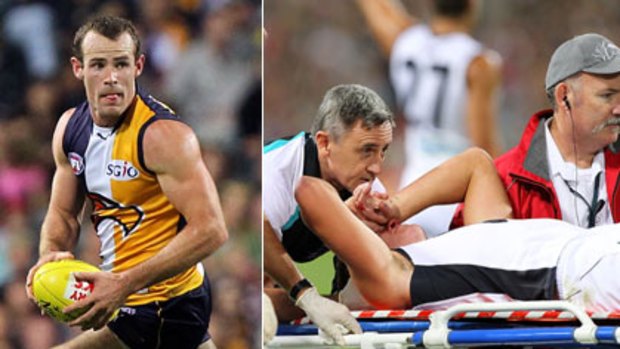 West Coast's Shannon Hurn delivered a heavy bump to Port's Paul Stewart on the weekend.