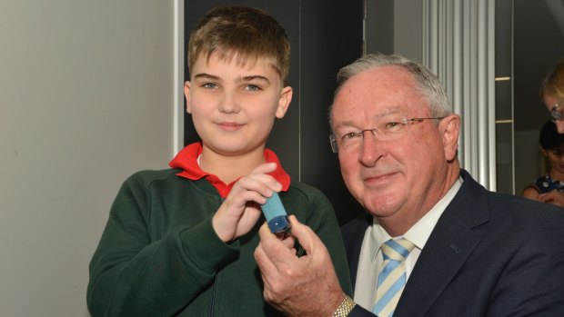 Asthma patient Noah with NSW Health Minister Brad Hazzard at Sydney Childrens Hospital on Monday.