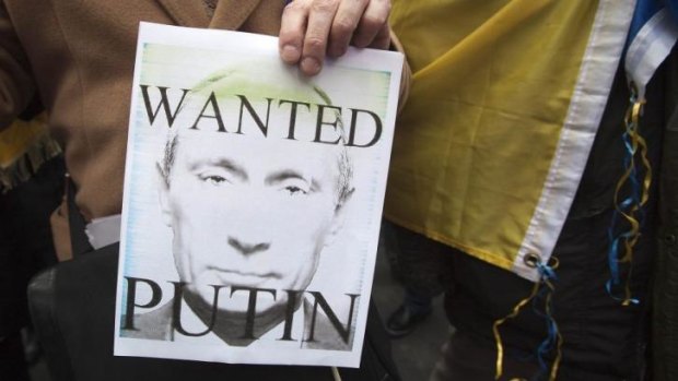 A sign at a protest march in New York in support of peace in the Ukraine.