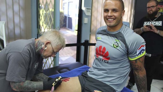 April fools: Canberra tried to convince fans Sandor Earl was getting a sponsor's name tattooed on his leg.