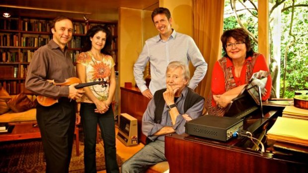 Peter Sculthorpe at his Woollahra home with members of the Goldner String Quartet in 2012.