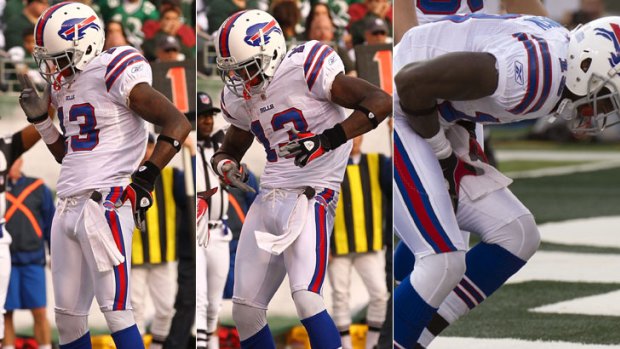 Young gun &#8230; the Buffalo Bills' Stevie Johnson mimics shooting himself in the leg after scoring a touchdown against the New York Jets.