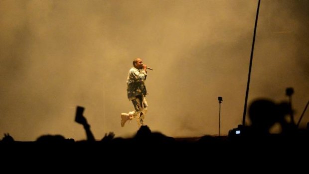 Kanye West performs on the Pyramid stage at Worthy Farm in Somerset during the Glastonbury Festival.