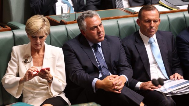 Tony Abbott, Joe Hockey and Julie Bishop at Parliament House on Monday.