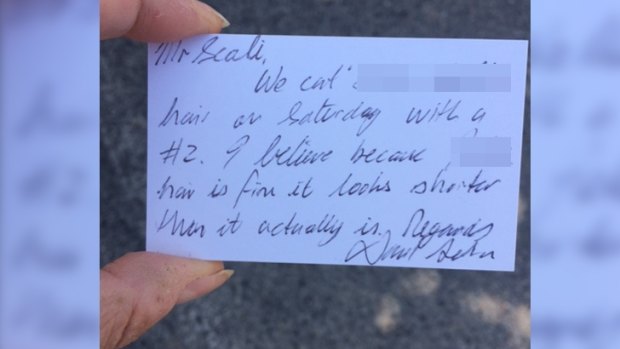 The note Sandra got from her son's barber to clarify his haircut to staff. 