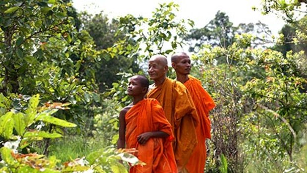 Sorng Rukavorn monks Sove Ui, Kea Mony Tapkea and Sou Mai in their community forest in Oddar Meanchey, northern Cambodia.