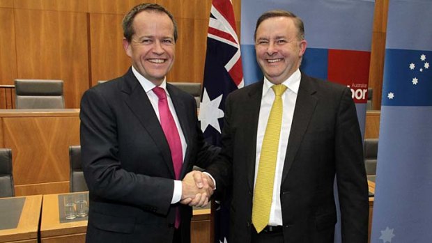 No hard feelings: Bill Shorten and Anthony Albanese after the result of the ballot was announced at Parliament House.