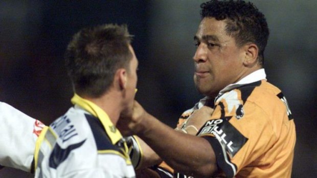 John Hopoate squares up with Nathan Fien during the infamous match in Townsville in 2001. 