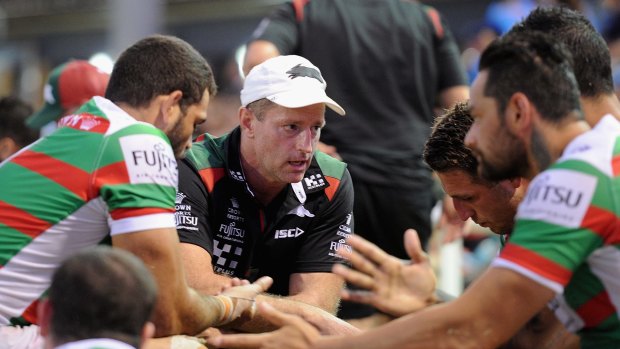 Moving forward: South Sydney coach Michael Maguire speaks to his players.