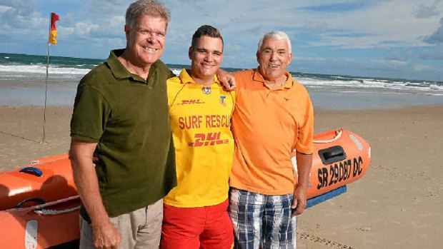 Caloundra lifesaver Colton Pleass (centre) rescued his father Warwick and grandfather Kevin on Sunday.
