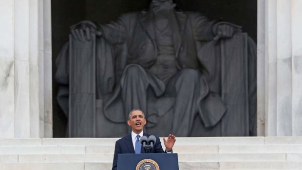 President Barack Obama speaks at the 50th Anniversary of the March on Washington where Martin Luther King Jr. spoke, at the Lincoln Memorial in Washington.