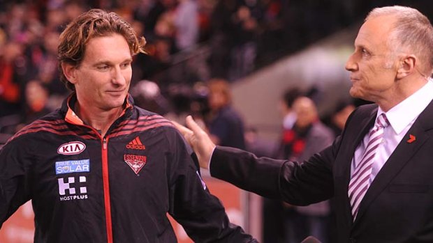 Essendon's coach James Hird with Tim Watson before the Bombers' heavy loss to Hawthorn last Friday night.