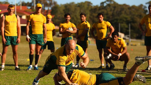 Wallabies in the thick of it ... but playmaker Matt Giteau and former captain Nathan Sharpe are casualties of Robbie Deans’s plans to make the Wallabies more unpredictable when they face the All Blacks on Saturday.