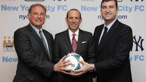 Big-hitters: New York Yankees president Randy Levine (left) and MLS commissioner Don Garber with City boss Ferran Soriano.