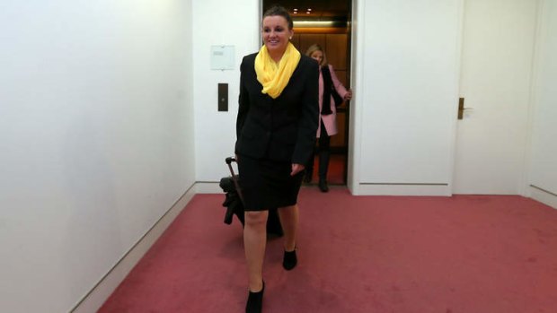 Palmer United Party Senator Jacqui Lambie arrives at Parliament House for orientation. She has taken a swipe at Tony Abbott for 'parading his daughters around' during the 2013 election campaign.