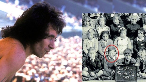 Bon Scott on stage in an AC/DC concert and (circled) as a pupil at Sunshine Primary School.