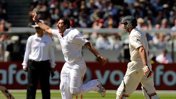 Impressive return ... recalled England fast bowler Tim Bresnan celebrates the wicket of Mike Hussey yesterday in Melbourne.