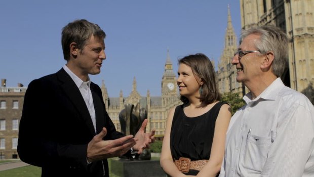 Moment of realisation ...  British Conservative MP Zac Goldsmith talks to Anna Rose and Nick Minchin in Westminster, London.