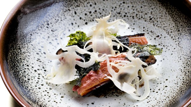 Bennelong at the Opera House: Roasted Hombre duck hispi cabbage, black miso, seaweed.