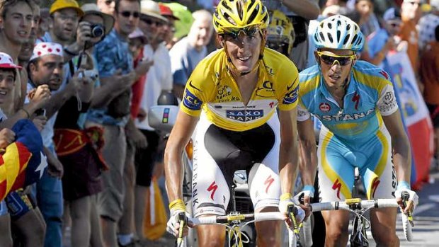 Andy Schleck wearing the leader's yellow jersey in the 2010 Tour de France.