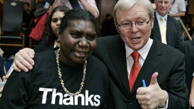 Then Prime Minister Kevin Rudd meets with Raymattja Marika after delivering an apology to the Stolen Generation in 2008.