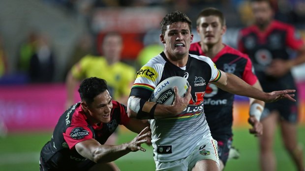 Next big thing: Nathan Cleary outpaces Roger Tuivasa-Sheck to the tryline at Mount Smart Stadium.
