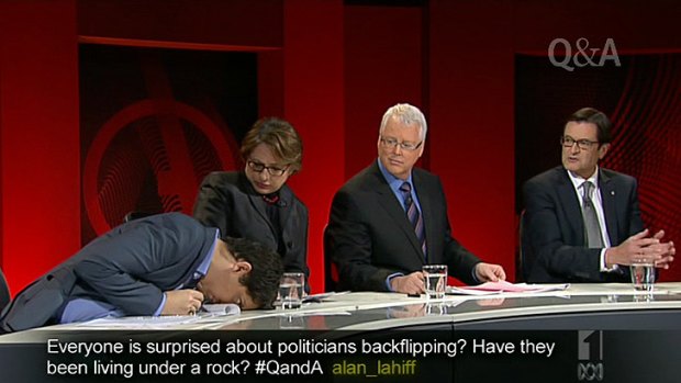 Simon Sheikh collapses on to the <i>Q&A</i> desk as Sophie Mirabella watches.