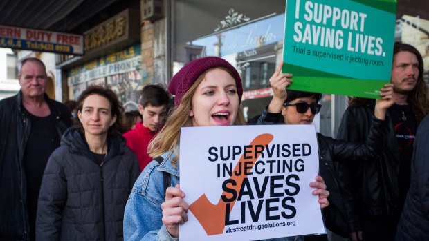 Protesters in Victoria Street, Richmond call for a safe injecting room.