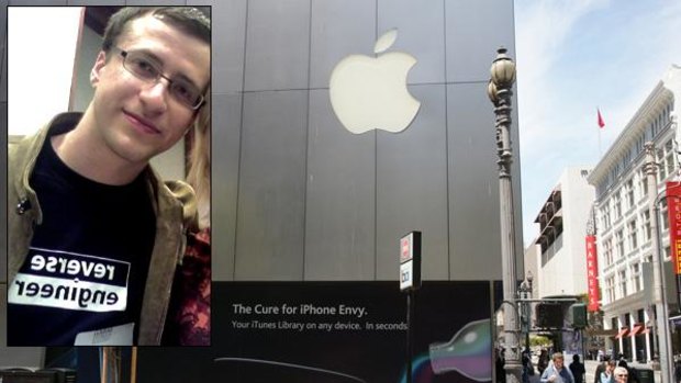 The ad, plastered on the side of an Apple Store but pulled down this week and, inset, DVD Jon.