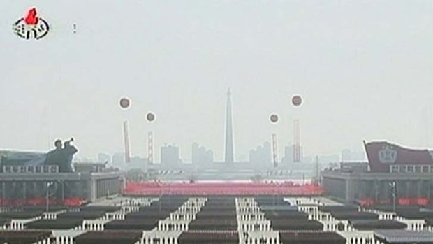 North Korean soldiers take part in a mass parade to celebrate founder Kim Il-sung's 100th birthday.