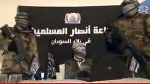 Jama'atu Ansarul Muslimina fi Biladis Sudan, the radical Islamist group known as Ansaru, reportedly shows unidentified members of the group speaking in an undisclosed place in November 2012.