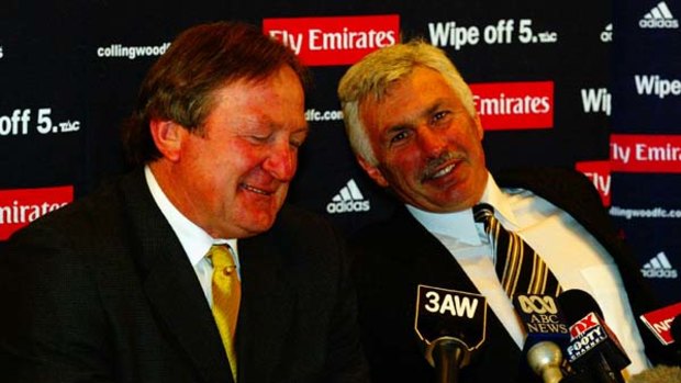 Kevin Sheedy and Mick Malthouse promoting an Essendon v Collingwood blockbuster.