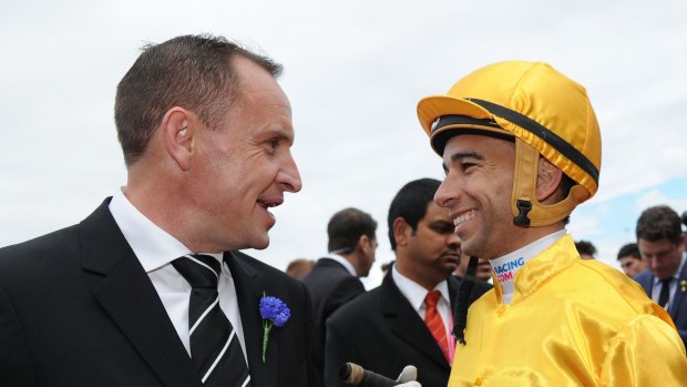 Delighted: Chris Waller with Joao Moreira after Brazen Beau won the Coolmore Classic.