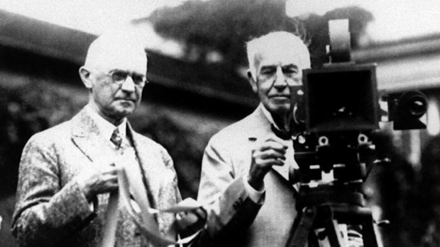 Eastman Kodak founder George Eastman, left, and Thomas Edison pose with their inventions in a photograph taken in the late 1920s.