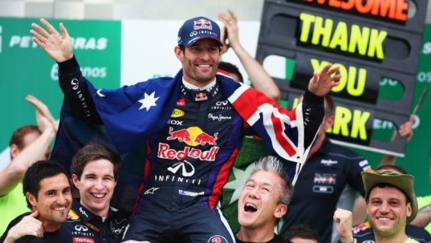 Last lap: Mark Webber says farewell to F1 in Brazil last year.