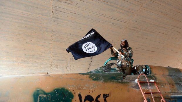 An Islamic State fighter waves a flag on a captured government fighter jet in Syria.