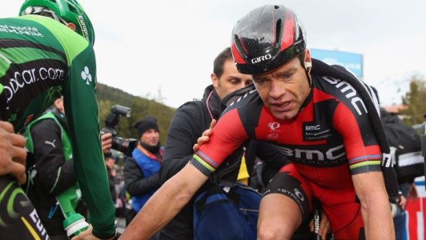 Scary ride: Cadel Evans at the finish line of the difficult 16th stage of this year's Giro d'Italia.