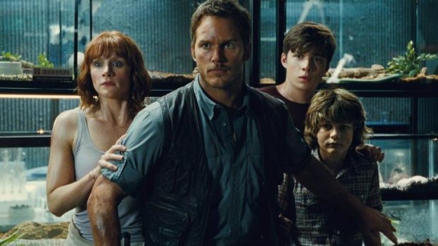 Bryce Dallas Howard (left) as Claire, Chris Pratt as Owen, Nick Robinson as Zach and Ty Simpkins as Gray in <i>Jurassic World</i>.