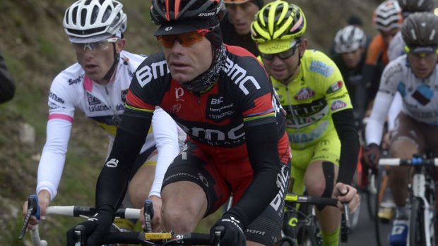 Feeling the fatigue: Cadel Evans during stage 14 on Saturday.