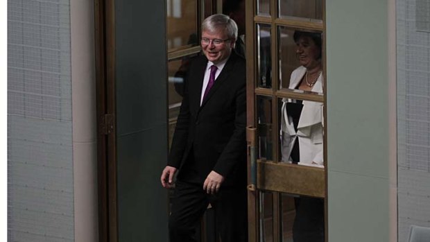 Kevin Rudd arrives for a division to bring on the vote for the passing of the Australian Education Bill at Parliament House in Canberra.