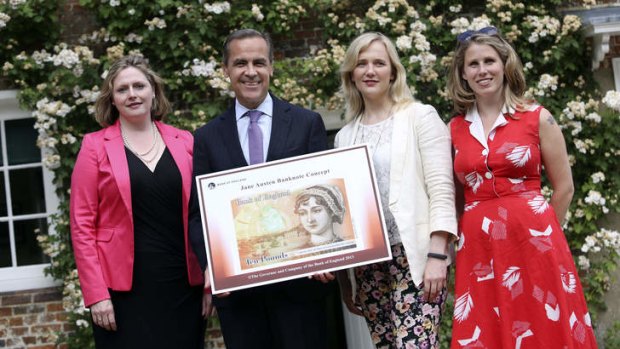 On display: from left to right, Mary Macleod, a Conservative MP, Mark Carney, governor of the Bank of England, Stella Creasy, a Labour MP, and Caroline Criado-Perez with  the concept design for the  banknote featuring author Jane Austen at the Jane Austen House Museum in Chawton.