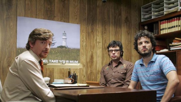 Rhys Darby, Bret McKenzie and Jemaine Clement in a scene from the <i>Flight of the Conchords</i> TV series.