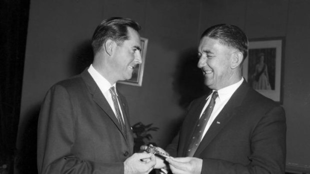 Jack Brabham (left) receives the Key to the City from Sydney Lord Mayor Harry Jensen in  1960.